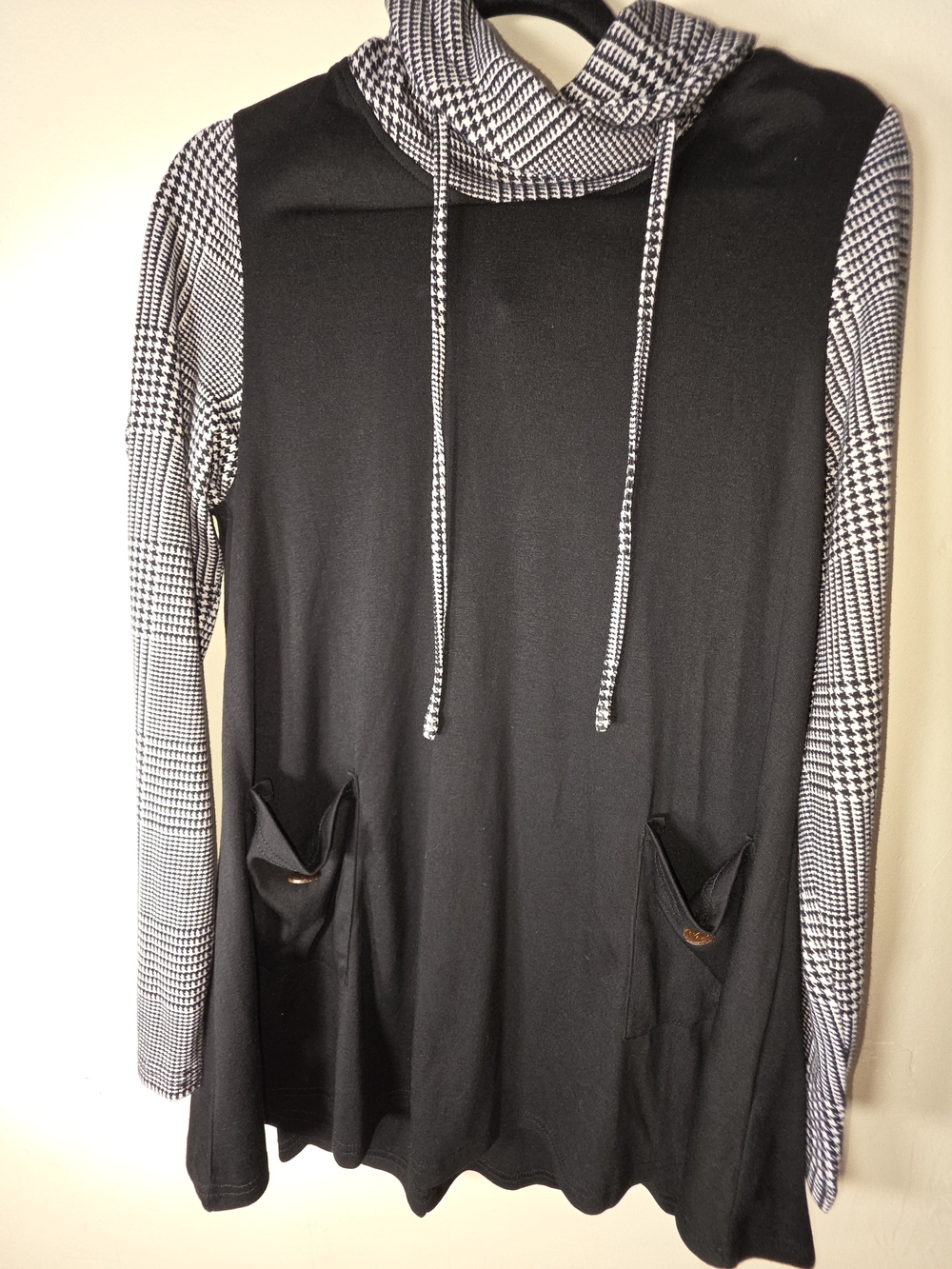 Black Hooded Tunic with Houndstooth Sleeves